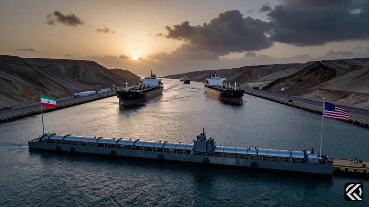 A realistic view of a naval blockade and oil tankers in the Strait of Hormuz with Iranian and American flags symbolizing the diplomatic standoff.