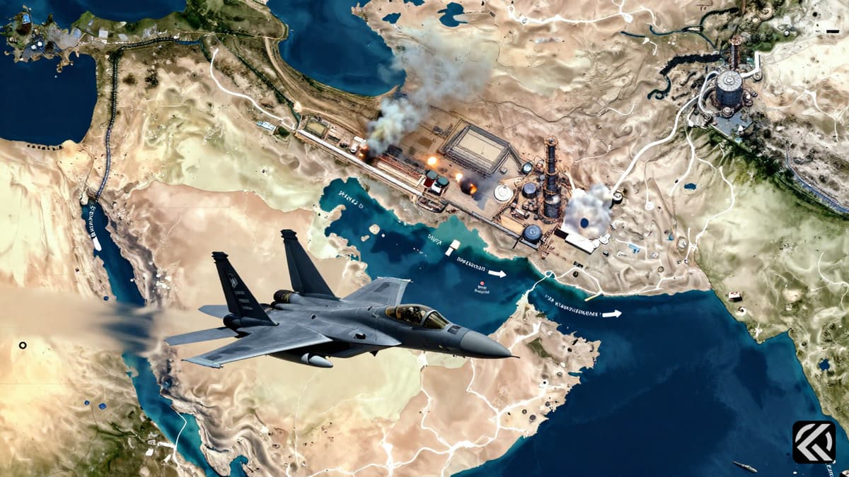 Satellite view of the Strait of Hormuz with an F-15 jet flying over industrial facilities smoking from strikes.