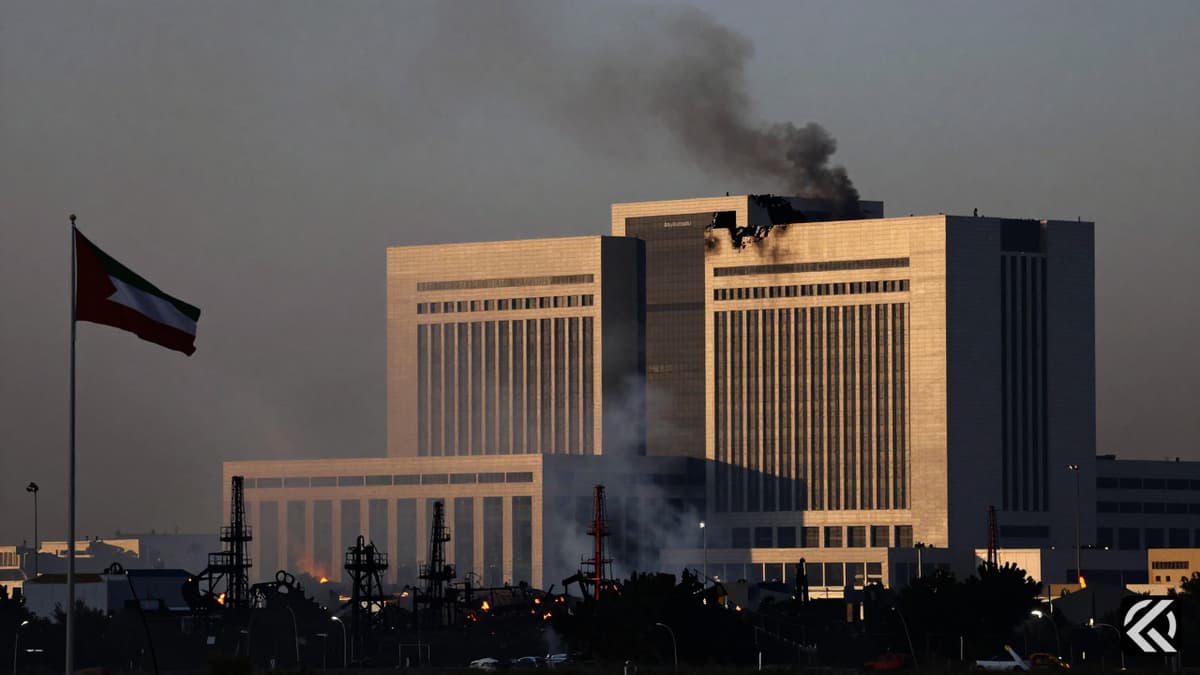 Smoke rises from a damaged Kuwaiti ministries complex and oil sector under a dark sky during a drone attack.