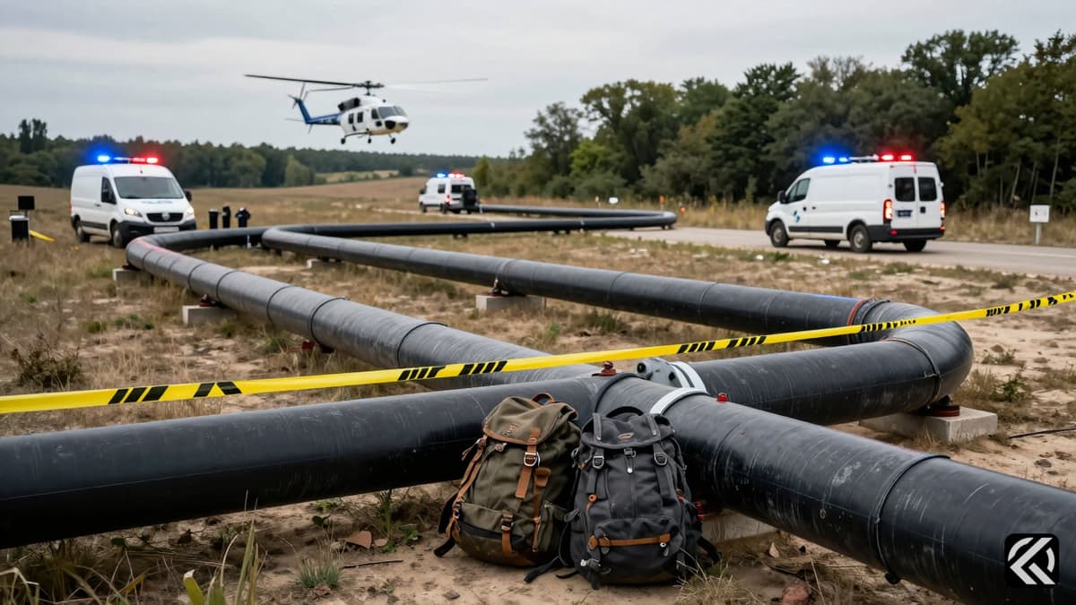 Police securing a backpack with explosives near a gas pipeline in northern Serbia with a helicopter overhead.