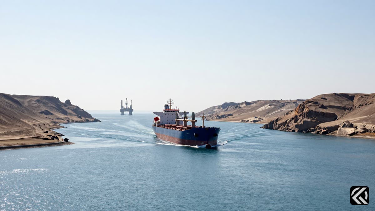 A cargo ship navigating the Strait of Hormuz waters flanked by arid coastlines under bright sunlight.