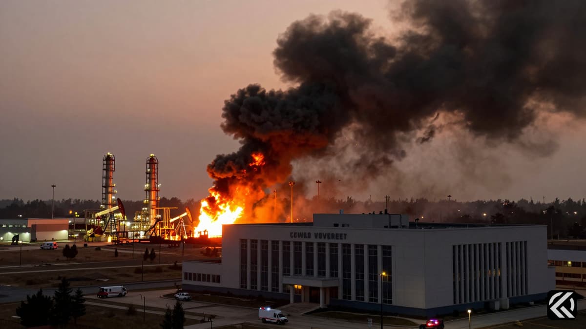 Flames erupting from the Shuwaikh oil sector complex following a drone strike on Kuwait's ministries building.