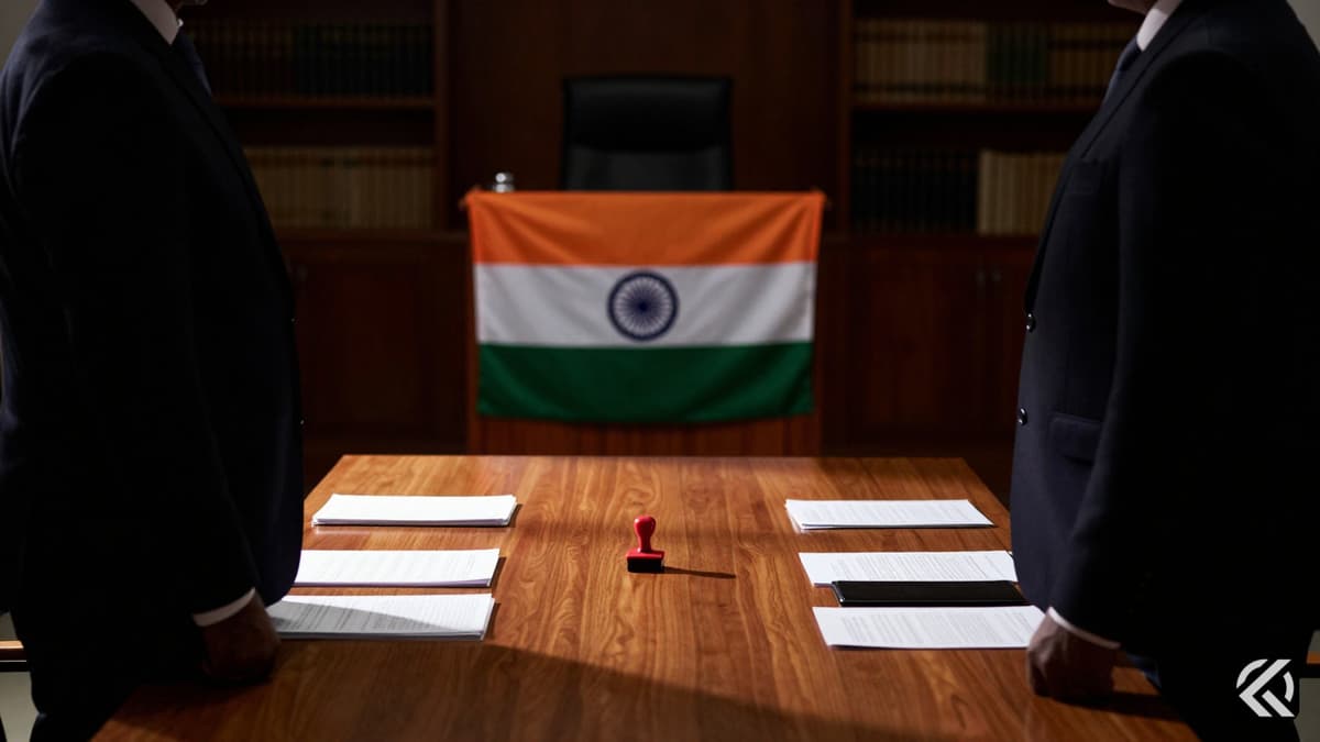 Indian flag and silhouettes symbolizing political conflict in a meeting room.