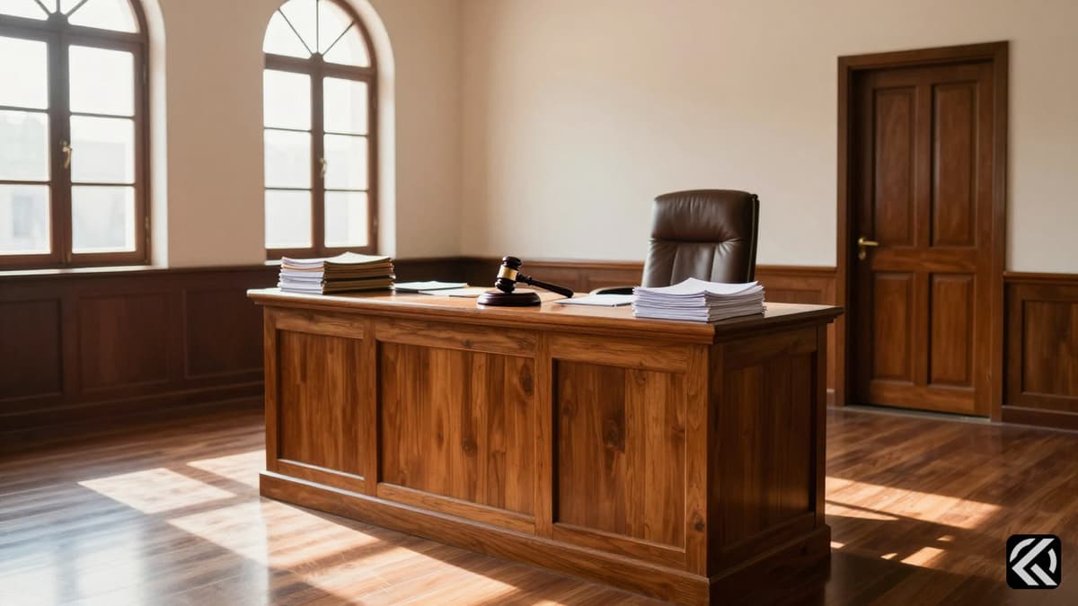 A realistic courtroom scene with a judge's bench and gavel symbolizing legal action against political allegations.
