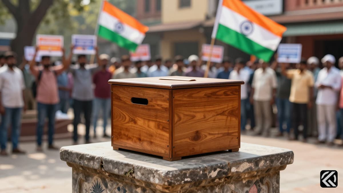 A wooden ballot box on a stone pedestal with an Indian flag in the background during election season.