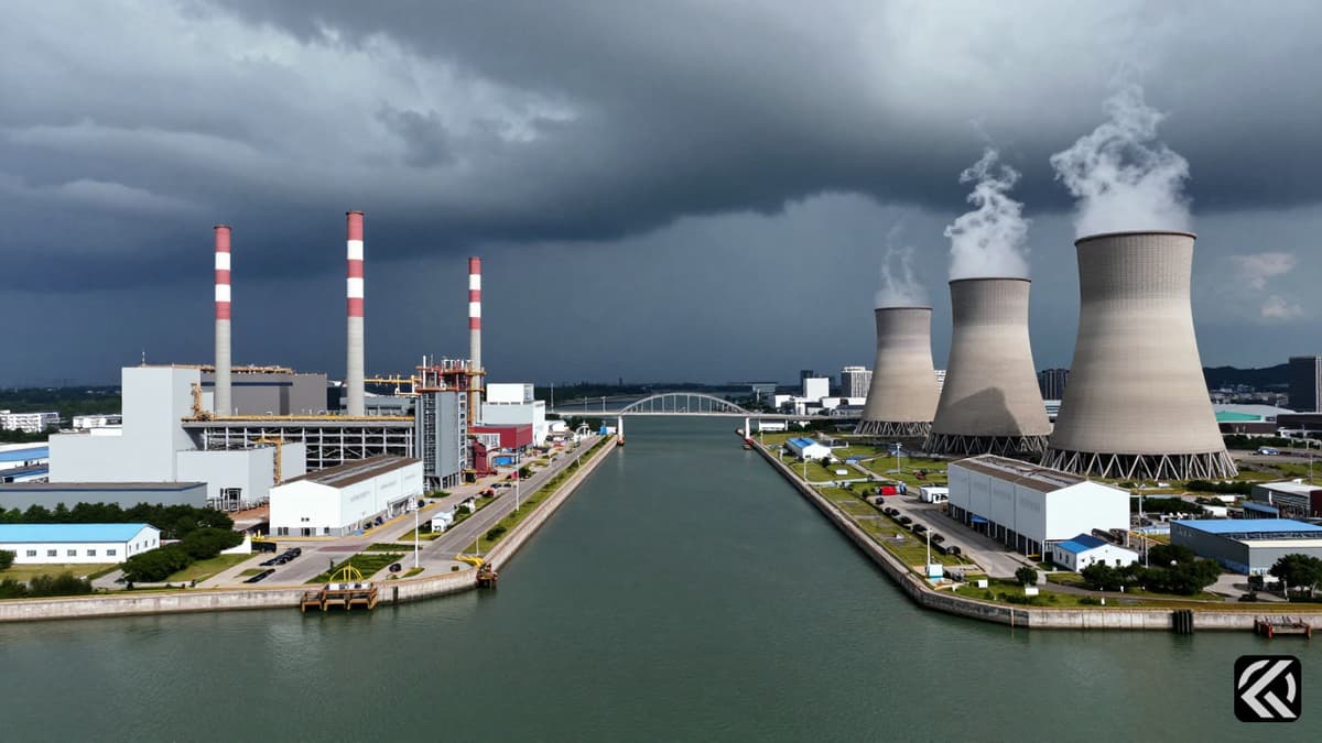 Aerial view of industrial infrastructure and a bridge over a waterway under storm clouds.