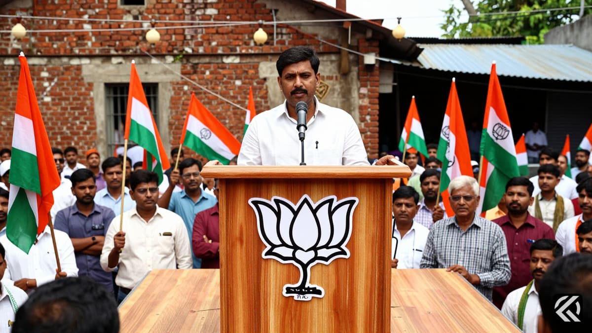 Indian election rally scene with party symbols on podium and crowd holding flags in rural village setting.