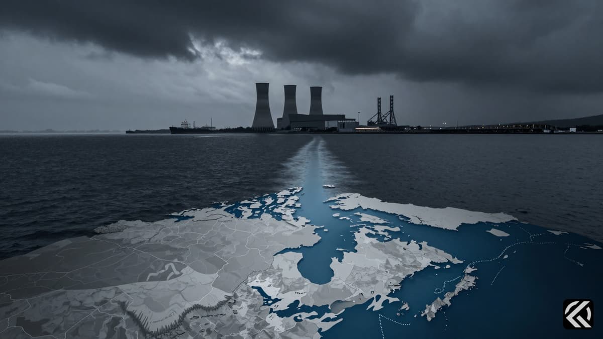 Stormy view of a strategic shipping channel with silhouettes of power plants and bridges against a turbulent sky.