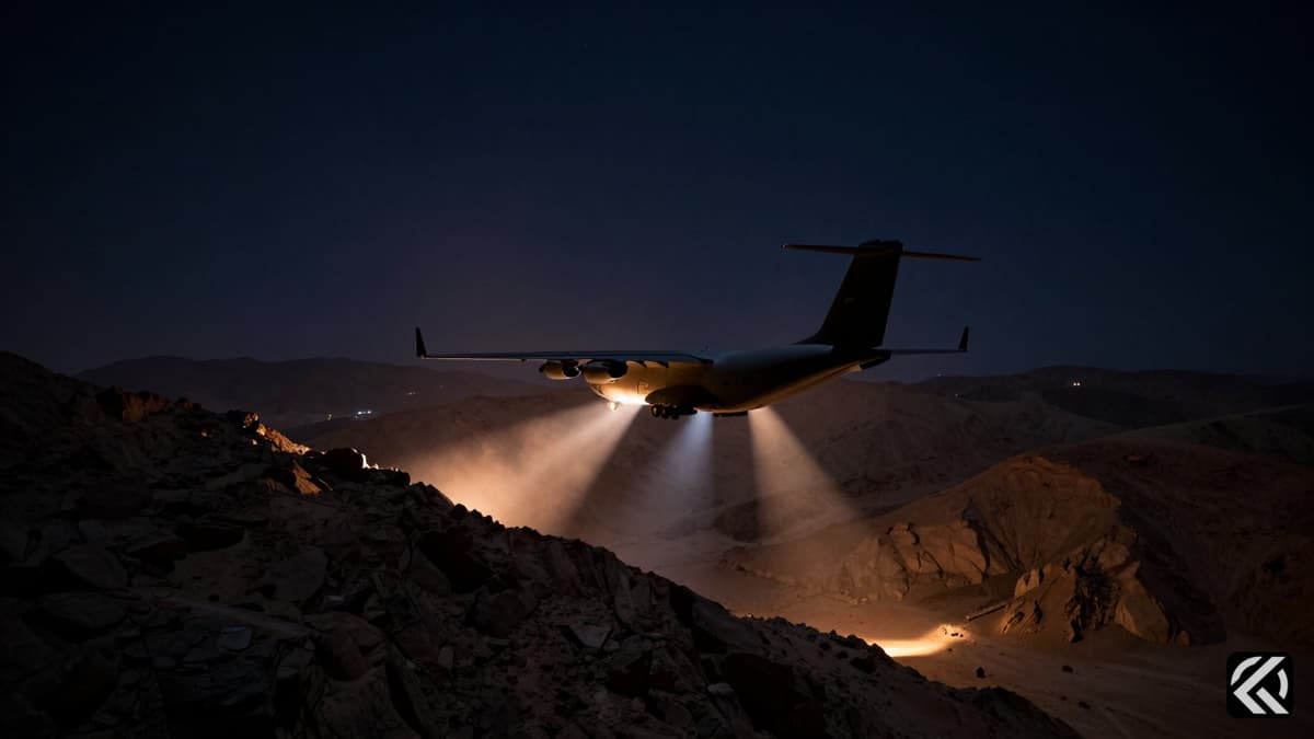Military transport aircraft searching over Iranian mountains at night