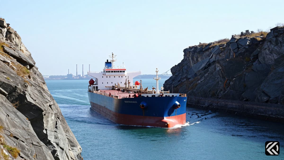 A realistic photo of an oil tanker in a narrow strategic shipping channel with industrial structures in the background.