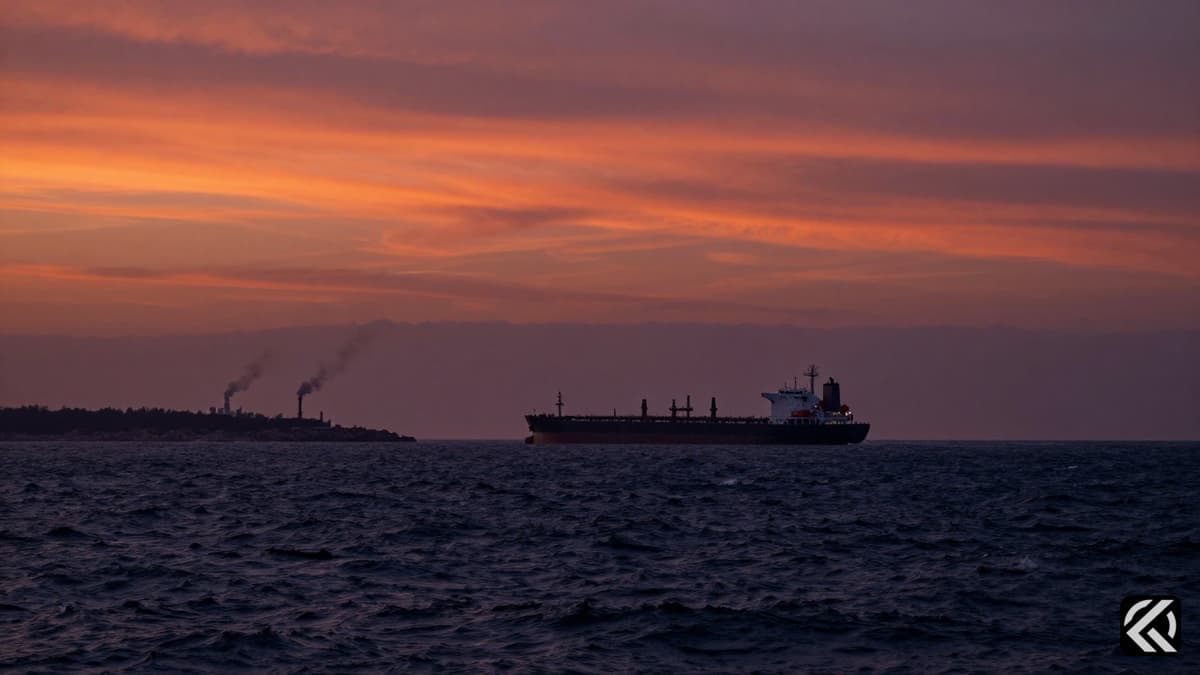 Oil tanker sailing near smoke rising from industrial facilities in the Strait of Hormuz under a dramatic sunset sky.