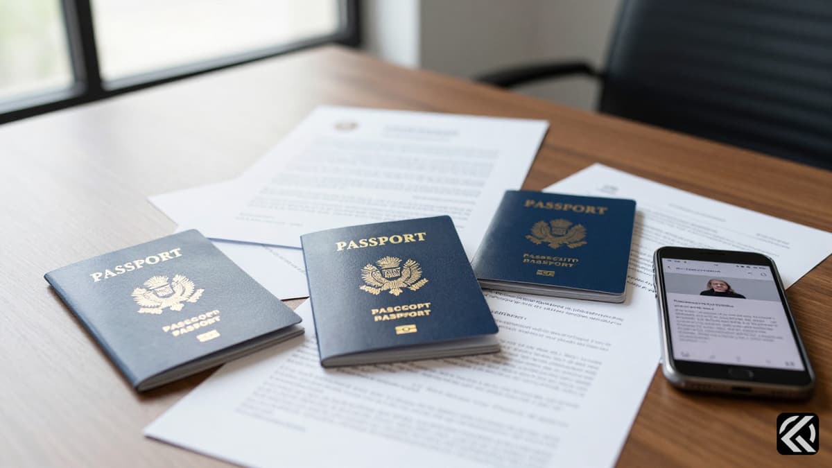 A desk displaying foreign passport documents and official papers in a blurred office setting.