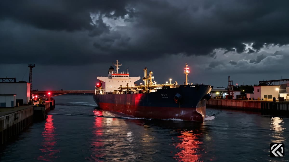 A dramatic view of an oil tanker in the Strait of Hormuz under a stormy sky, symbolizing rising oil prices and geopolitical tension.