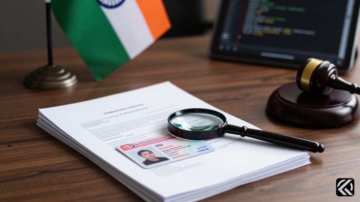 Realistic image of a legal desk with documents and a magnifying glass over a passport.