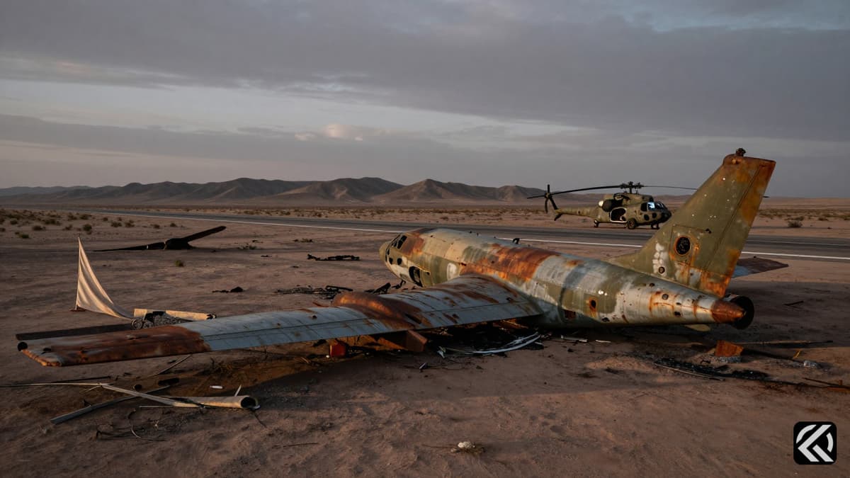 Burnt wreckage of military aircraft on a deserted airfield runway at dusk.