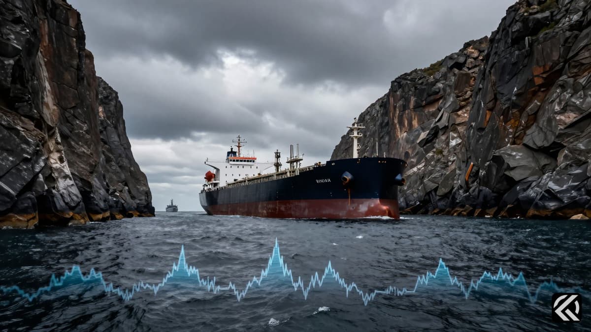 Oil tanker navigating a narrow strait with market charts on water.