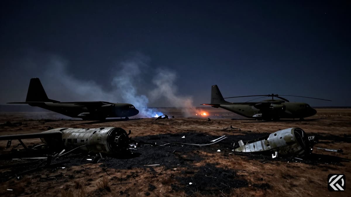 Debris from destroyed aircraft at a night airfield
