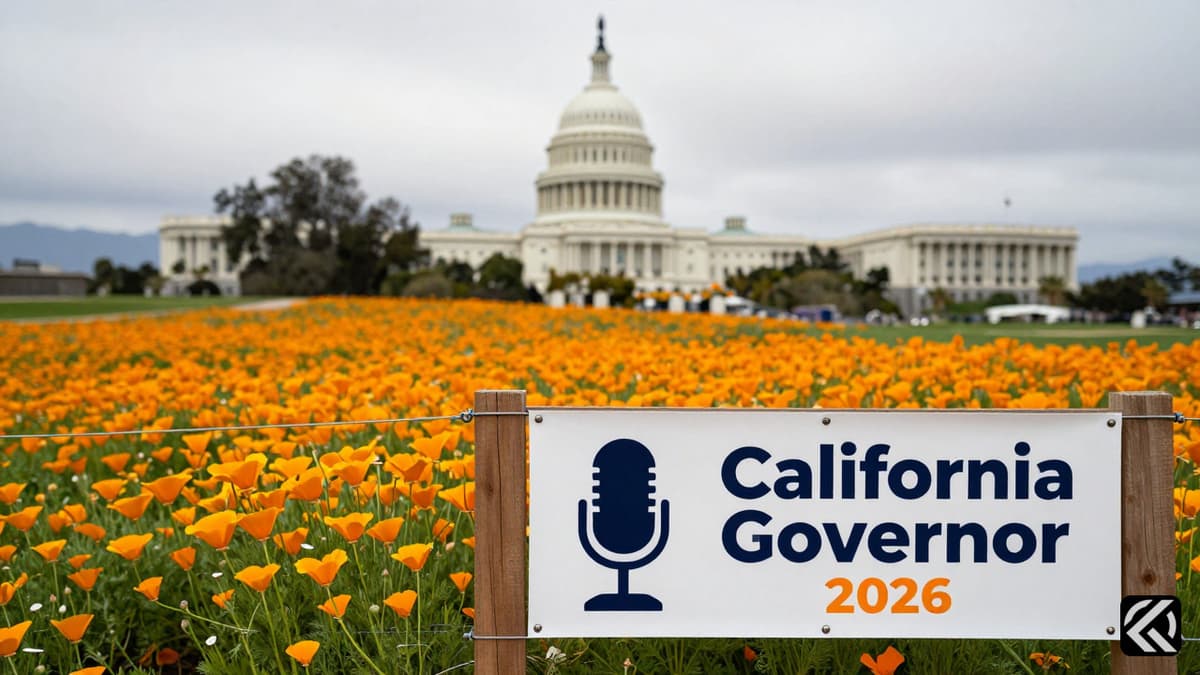 A banner at a California Capitol building featuring campaign text and a microphone silhouette under a cloudy sky.
