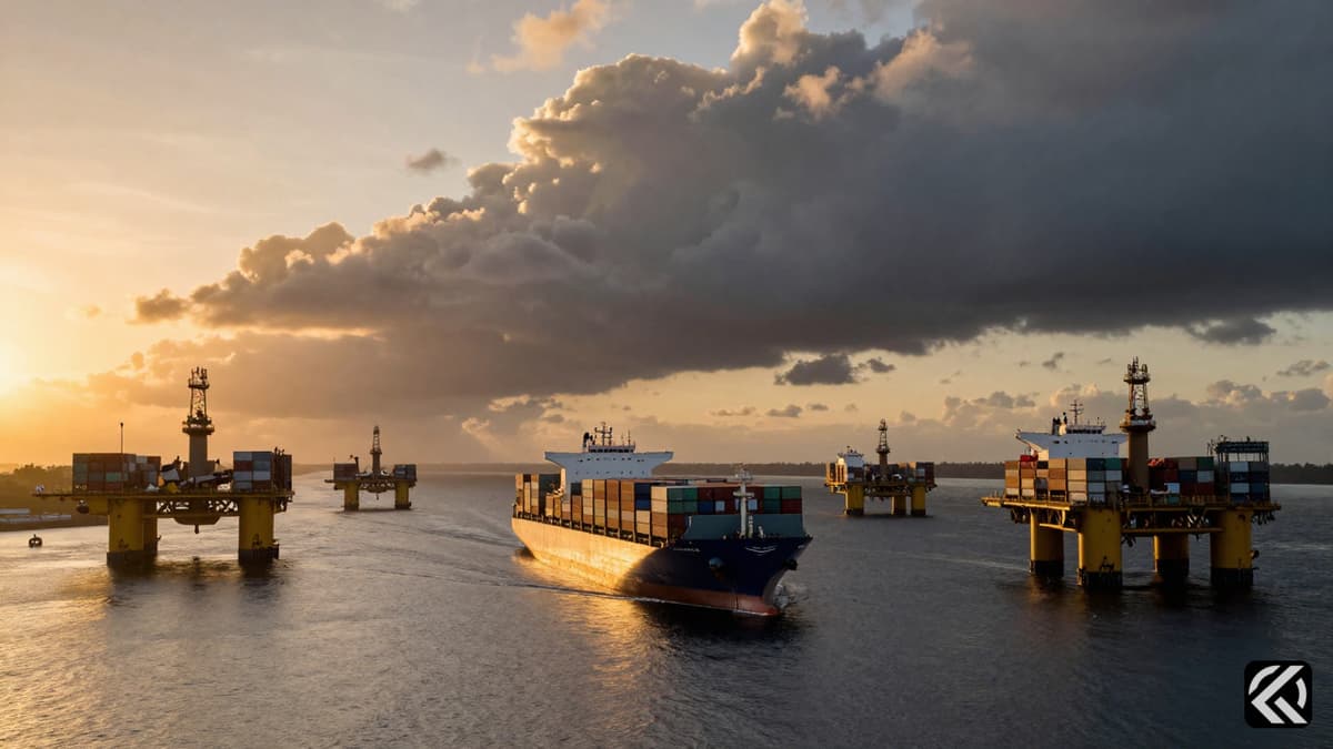 Large oil tankers and container ships navigating a strategic shipping lane under dramatic storm clouds.