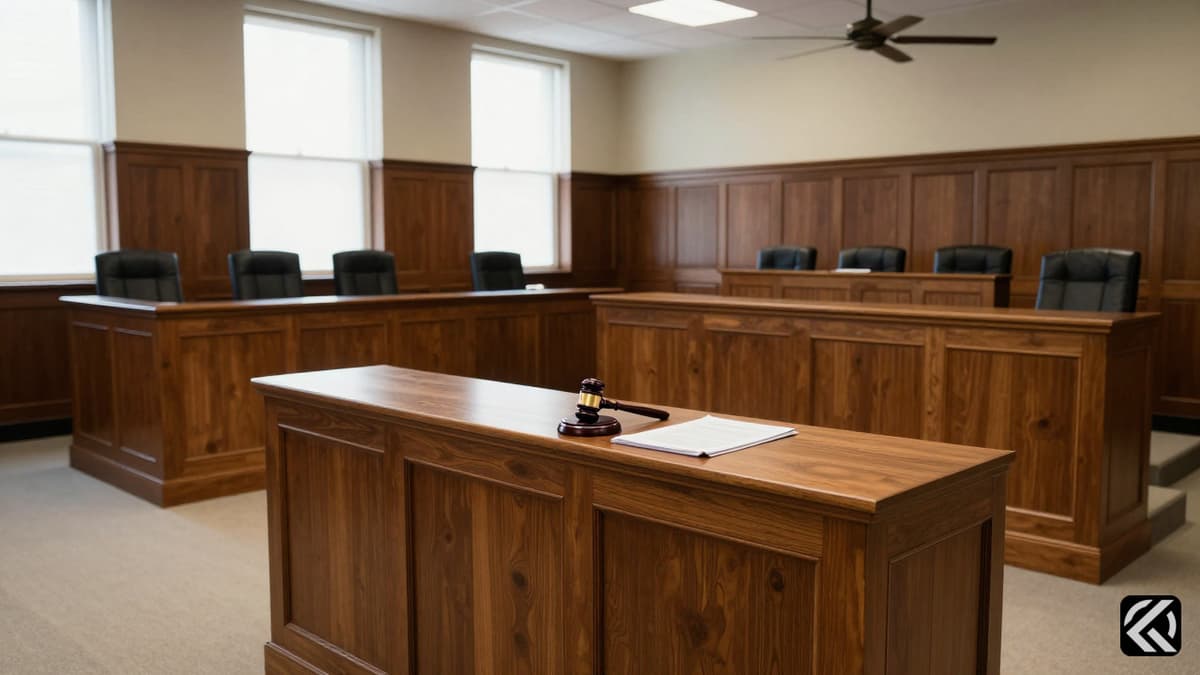 Realistic courtroom interior featuring a judge's bench and gavel symbolizing a murder trial verdict.