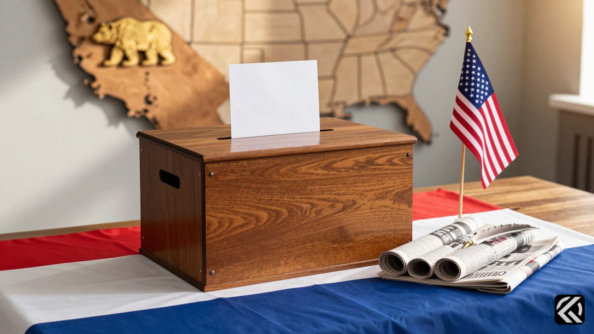 A wooden ballot box with California map and flags on a table.