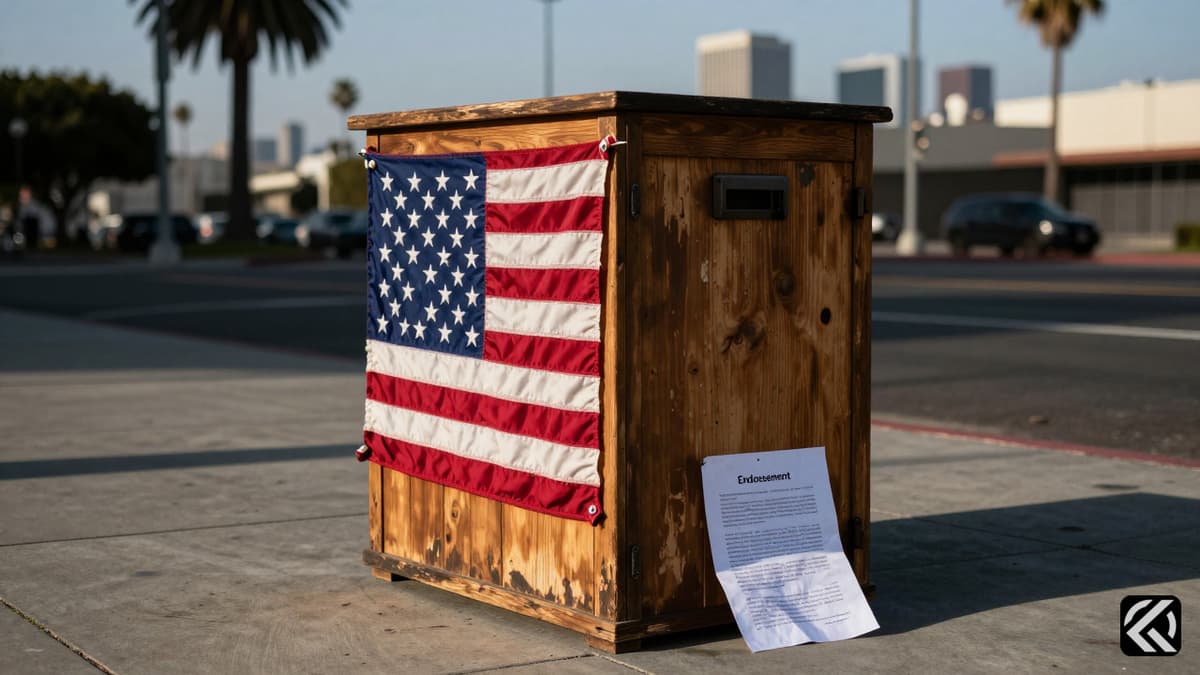 A weathered wooden ballot box with an American flag on a California street, symbolizing the governor race.