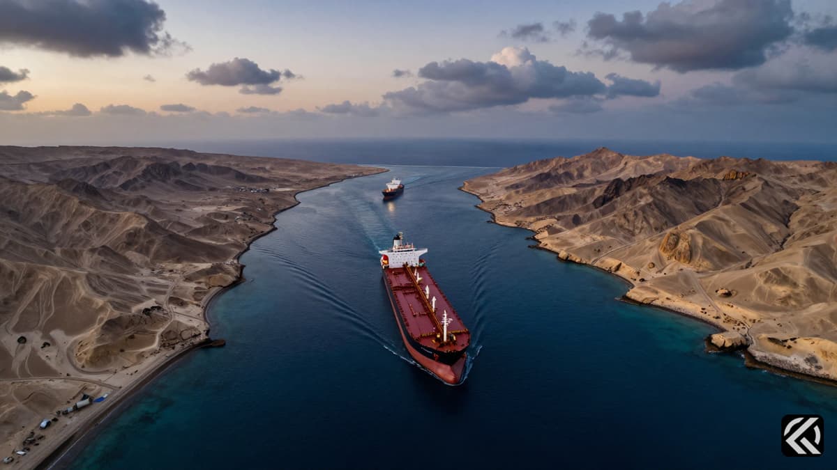 Aerial view of a tanker navigating the Strait of Hormuz surrounded by desert mountains symbolizing the shipping blockade.