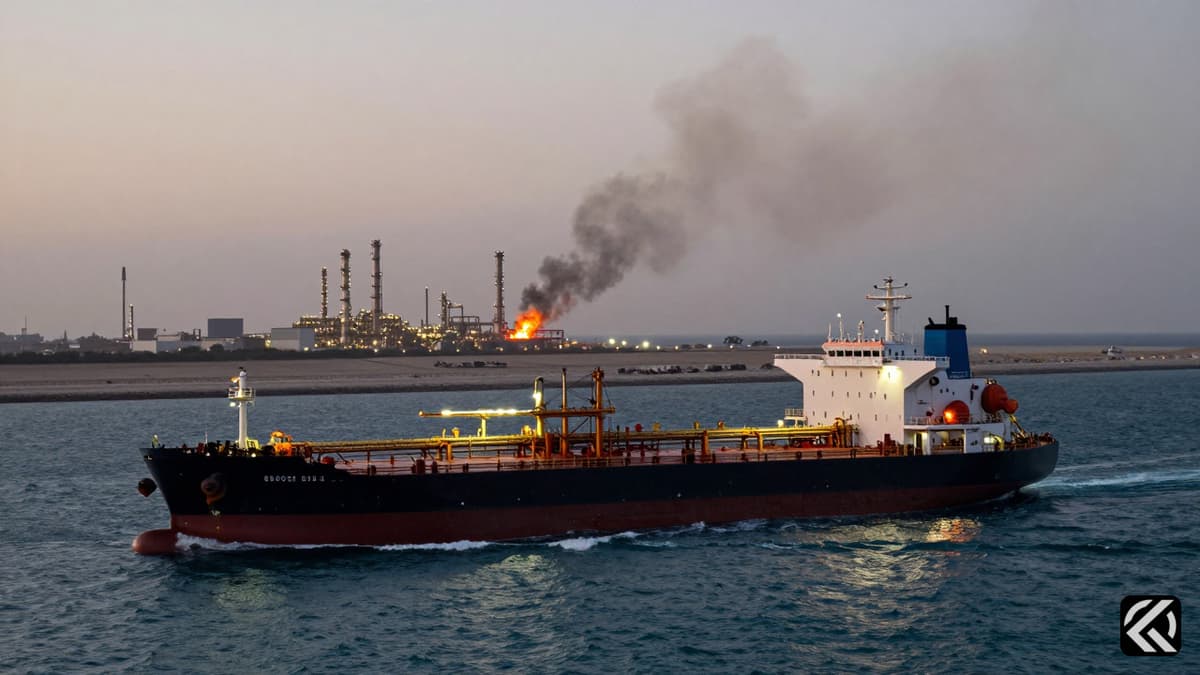A realistic photo of a tanker in the Persian Gulf with smoke rising from nearby industrial facilities.