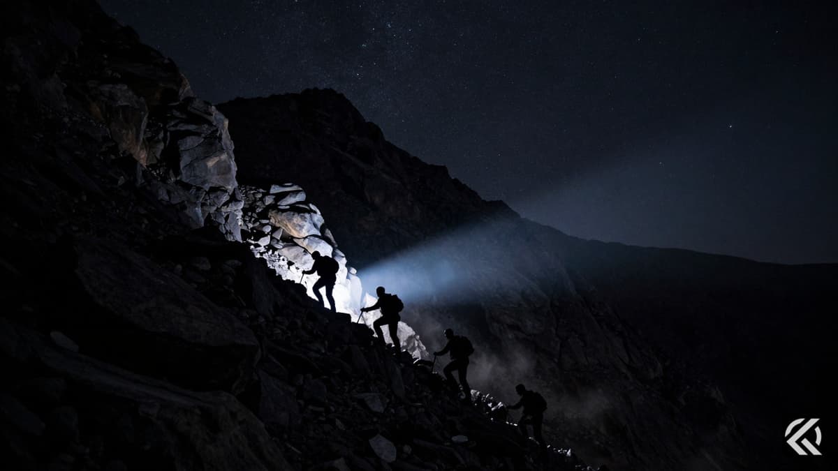 Silhouetted special forces scaling a dark Iranian mountain ridge during a night mission.