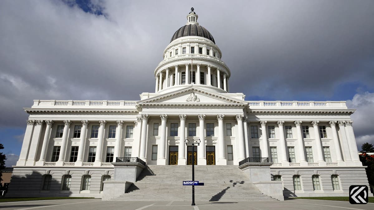 California State Capitol building with a campaign signpost shadow under cloudy skies.
