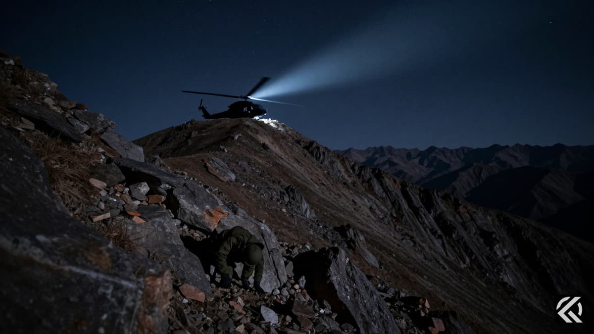 A military rescue scene at night on a rocky Iranian ridge with a helicopter and a hidden airman.