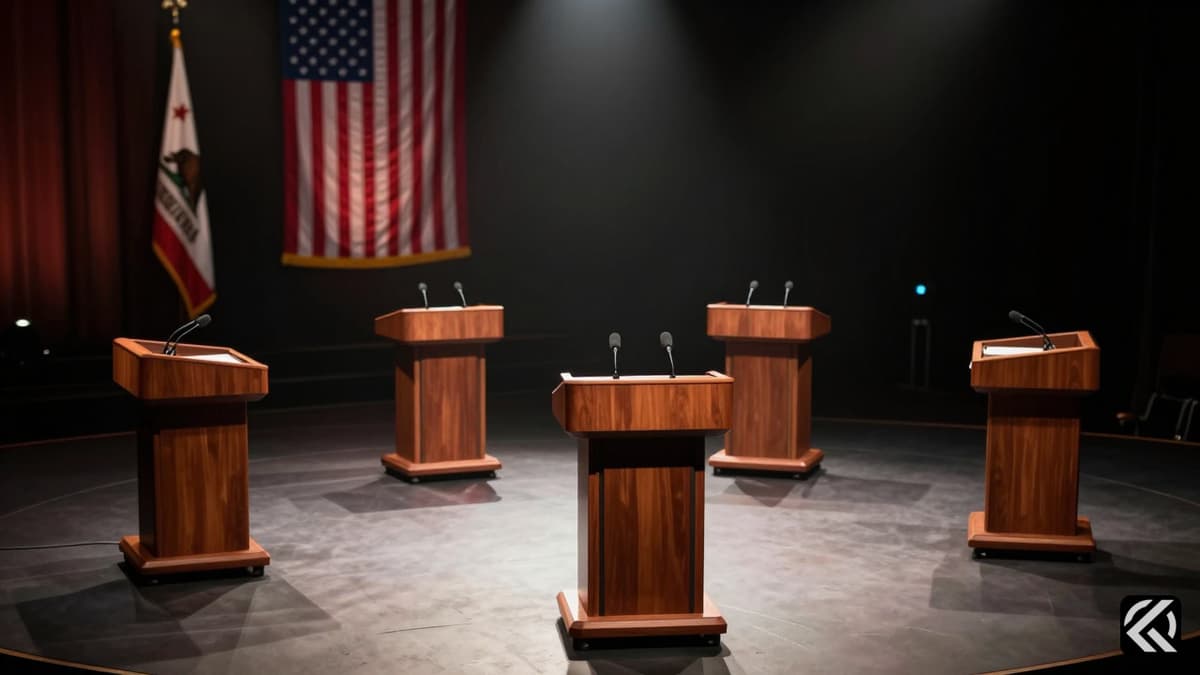 Empty stage with podiums and flags ready for a political debate event.