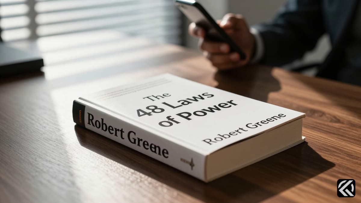 Close-up of Robert Greene's book The 48 Laws of Power on a desk symbolizing political strategy.