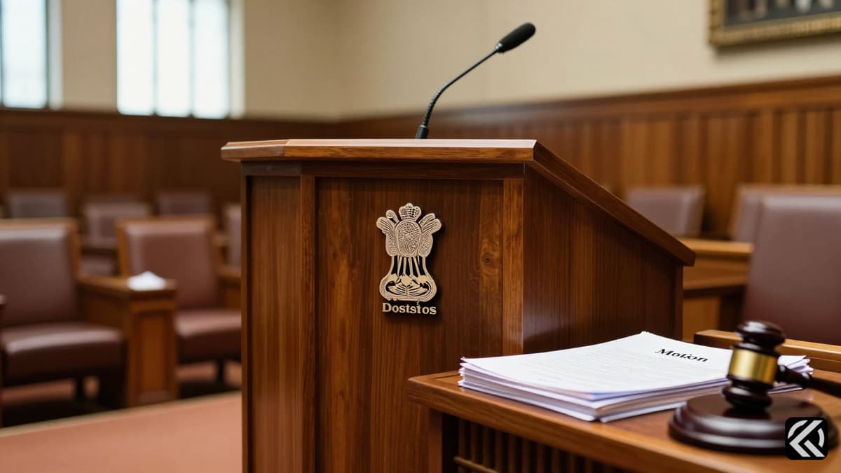 A wooden podium with the Indian emblem and a gavel on a desk inside the parliamentary chamber, symbolizing the rejection of the impeachment motion.