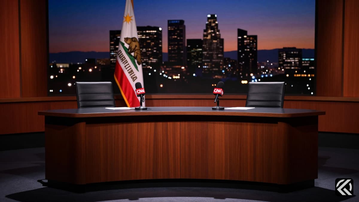 Studio setup for a political debate with empty chairs and microphones in front of a blurred California skyline.