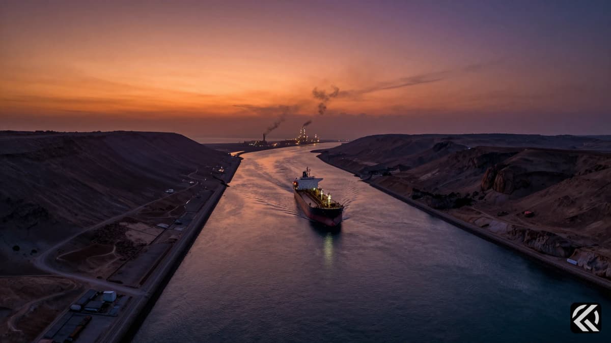 Oil tankers transit the strategic waterway of the Strait of Hormuz at sunset under threatening skies.