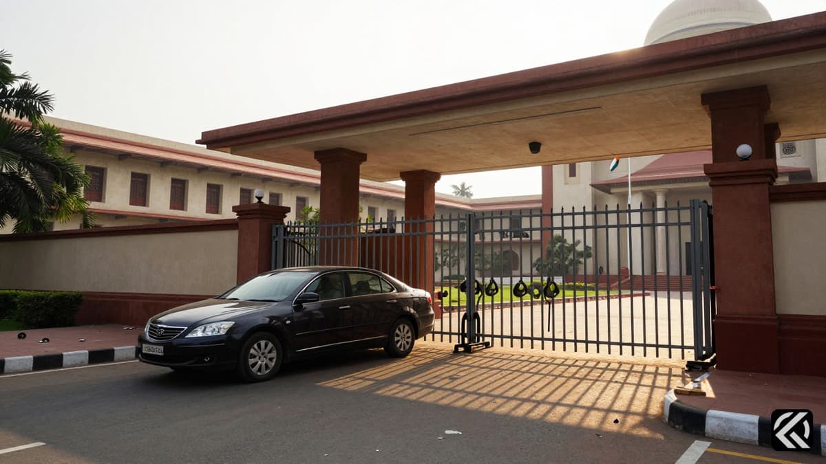 Damaged metal gate at the entrance of the Delhi Assembly building with a car nearby after a forced entry.