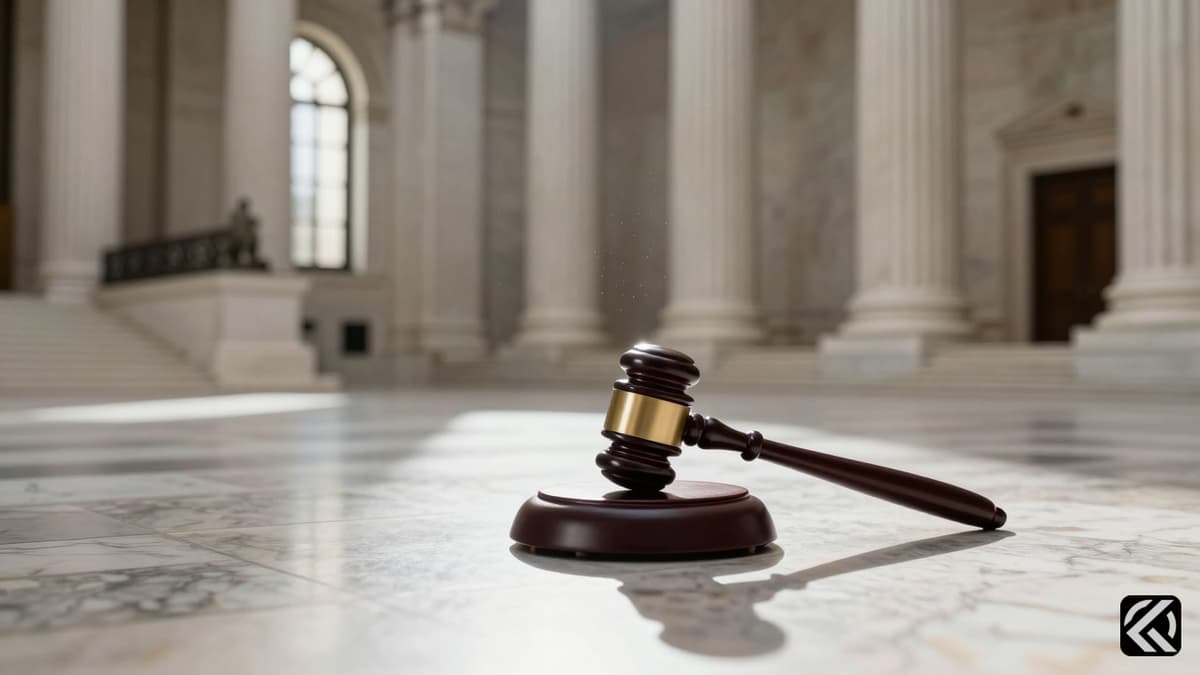 The marble interior of the US Supreme Court with a gavel resting on a bench.