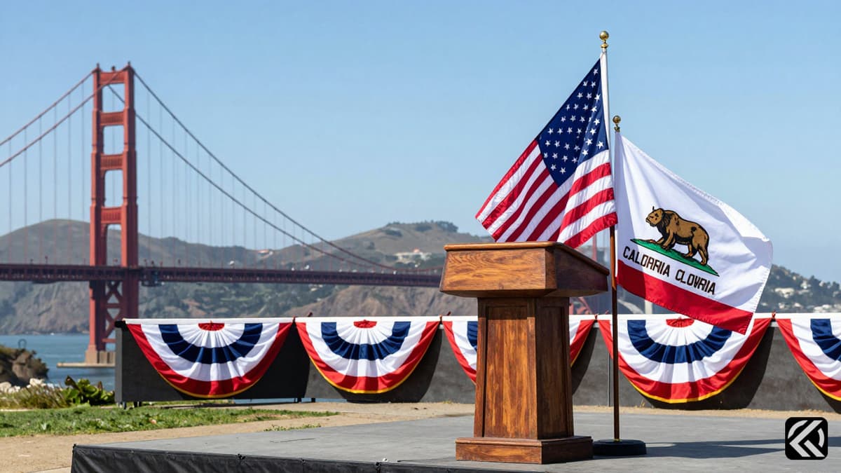 American and California flags on a podium with the Golden Gate Bridge in the background.