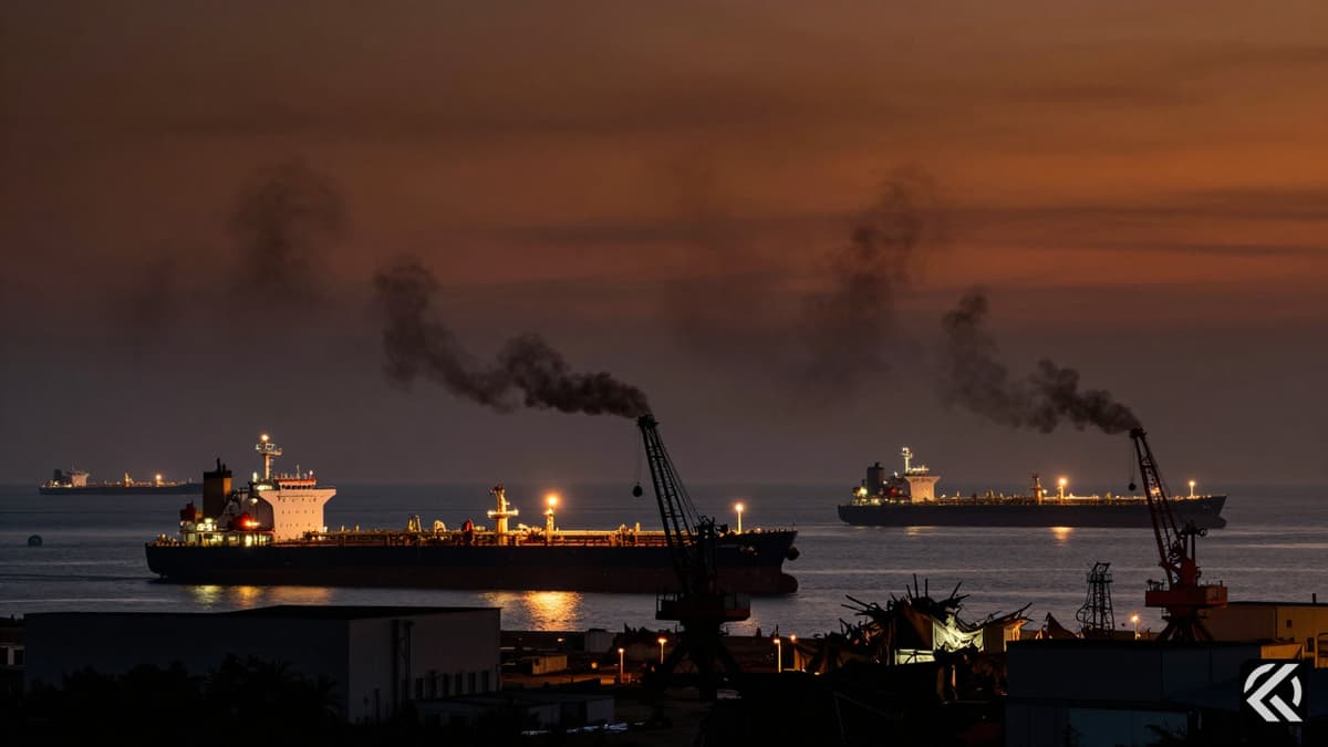 Damaged oil infrastructure and smoke plumes at the Strait of Hormuz indicating potential military strikes on civilian sites.