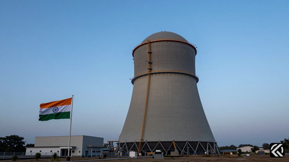 A realistic view of an industrial nuclear facility in India with a flag, representing the country's energy capabilities.
