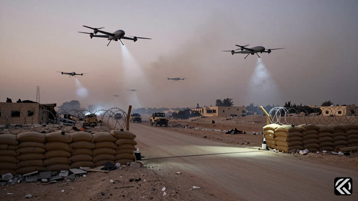 Drones hover over a makeshift checkpoint and debris at Maghazi refugee camp during a conflict.