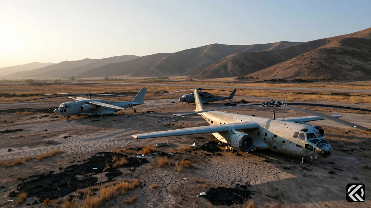 Wreckage of destroyed military aircraft at an abandoned airfield in Isfahan under dawn light.