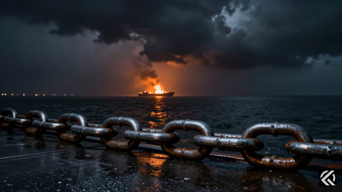 Dark stormy sea with smoke and a distant fire, symbolizing conflict over a restricted maritime passage.