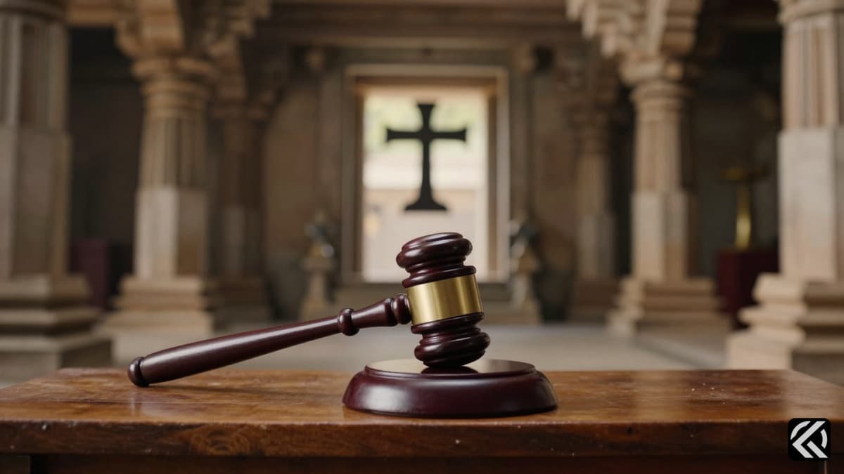 Gavel resting on a bench with temple architecture and diverse religious symbols in the blurred background.