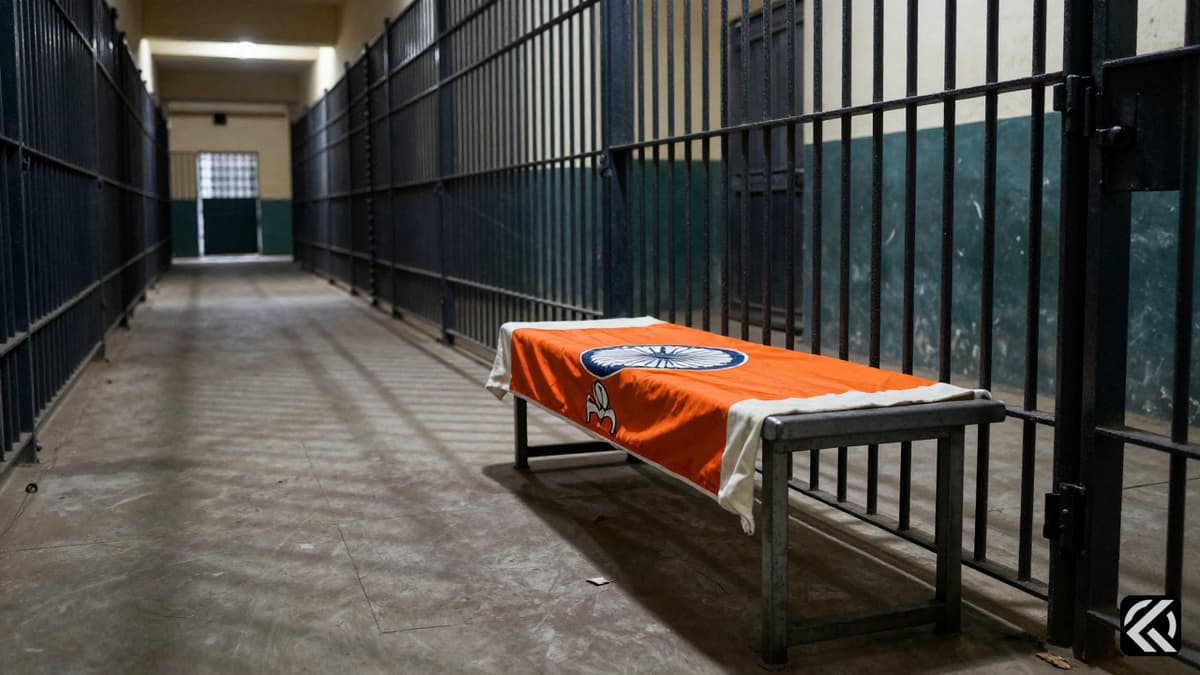 Realistic view of a dim prison corridor with iron bars and a Tamil Nadu flag symbolizing the custody case.