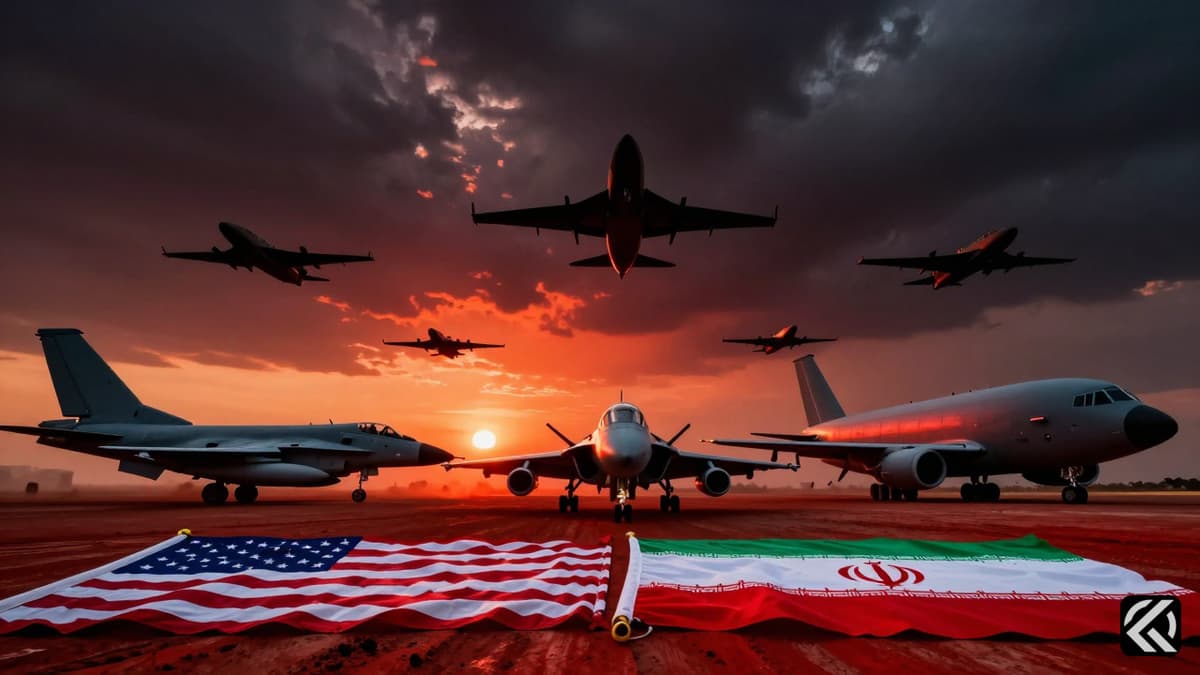 Silhouettes of military aircraft in a stormy sky above flags on dusty ground symbolizing the conflict.
