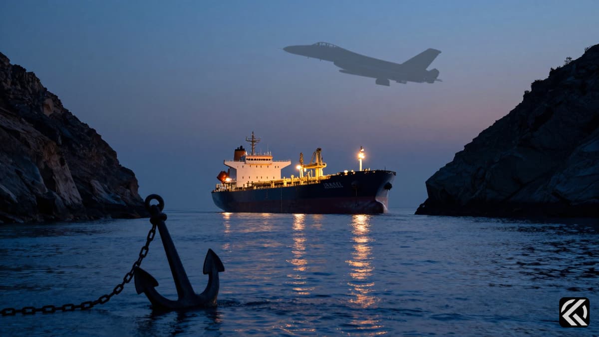 Oil tanker navigating Strait of Hormuz with military presence, symbolizing Iran-US war tension.