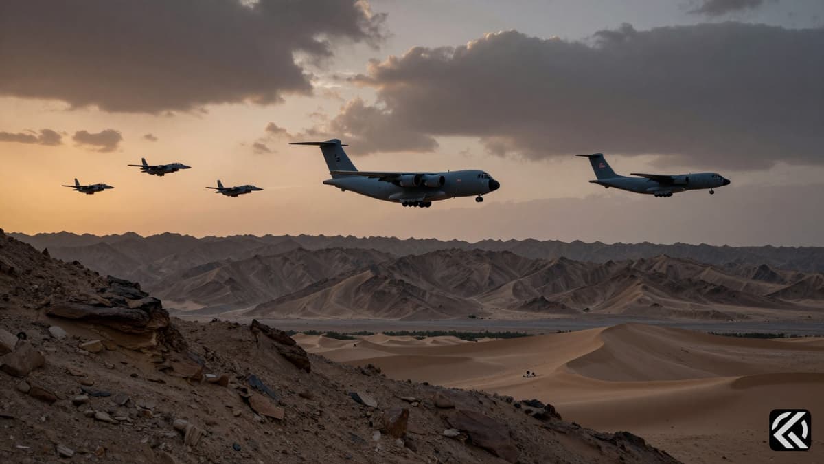 Military aircraft in formation over rugged Iranian mountains during a rescue mission.