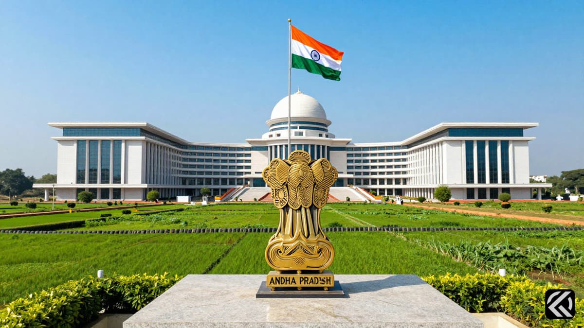 Modern government architecture in a green landscape with the Andhra Pradesh emblem and Indian flag symbolizing the new capital.